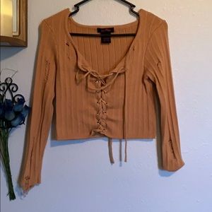 Distressed crop ribbed knit stretchy sweater